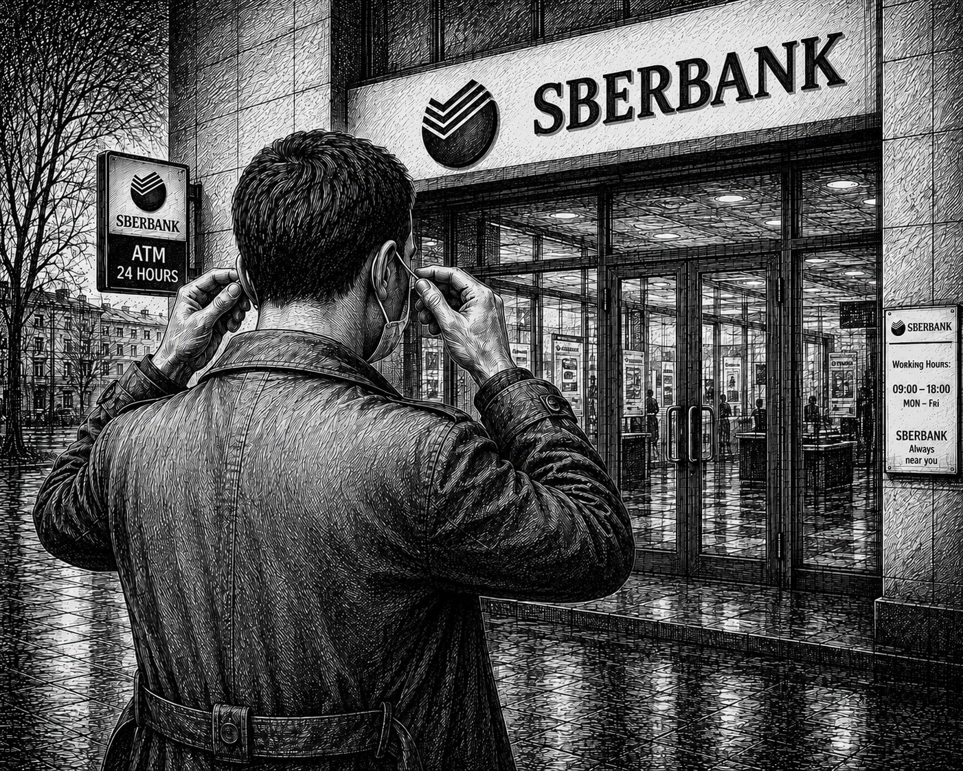 In front of the bank