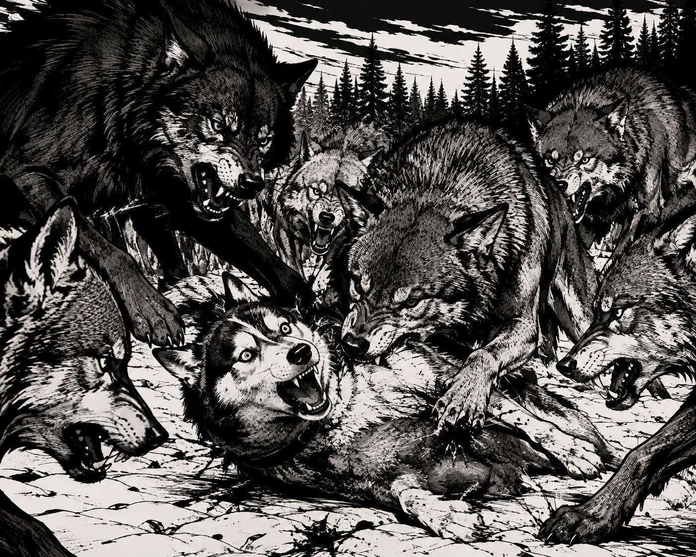A pack of wolves attacking a husky dog
