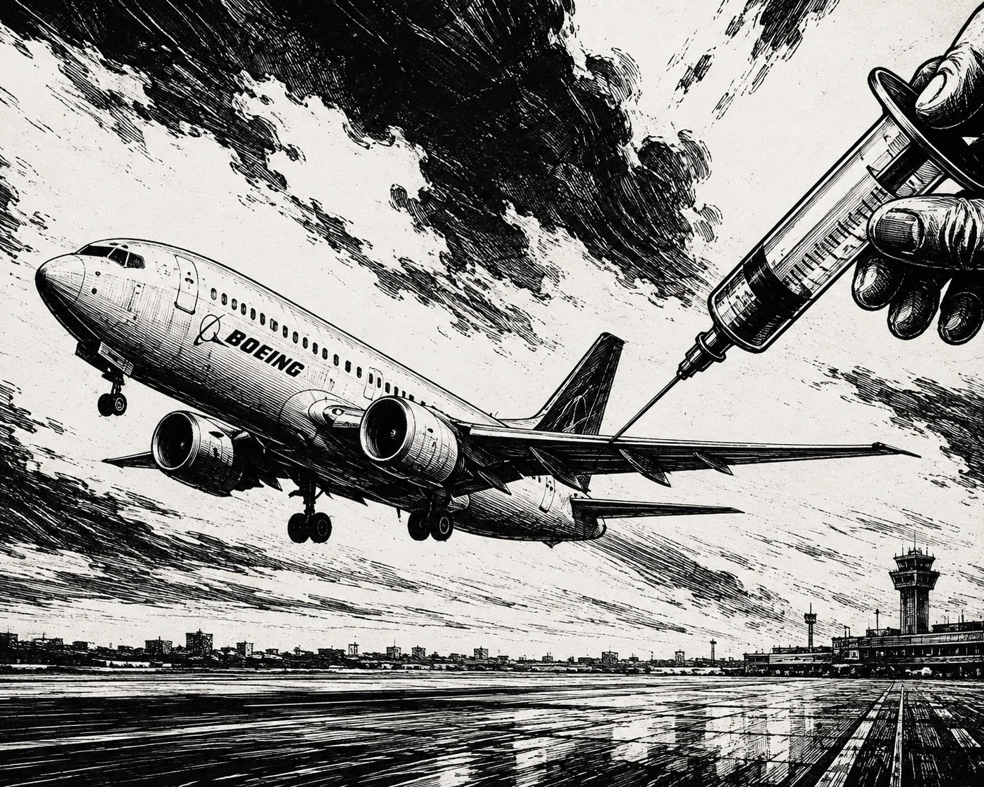 A Boeing airplane taking off into the sky, while a giant medical syringe is giving it a vaccine injection in its rear tail section