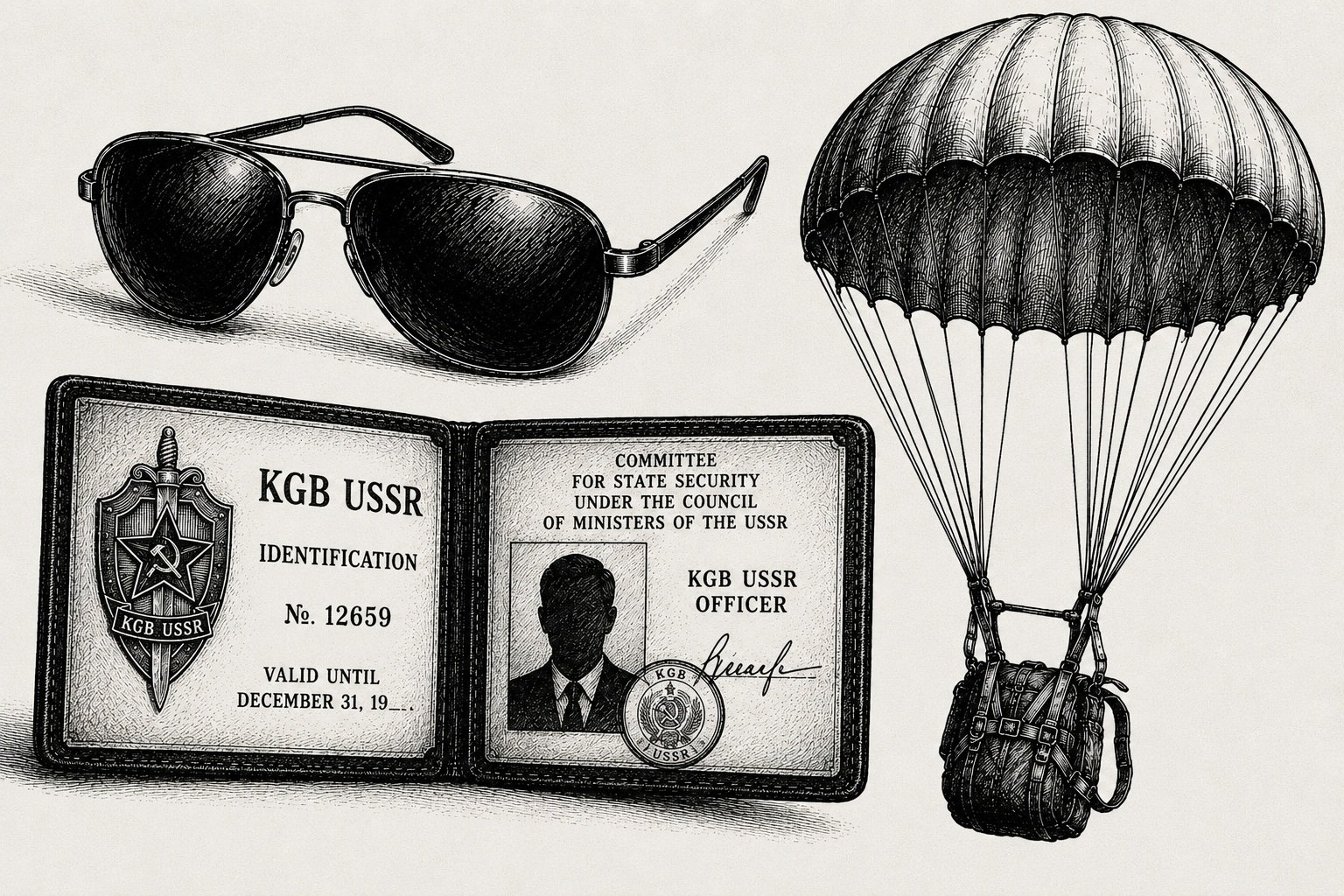 Sunglasses, KGB ID, and a parachute