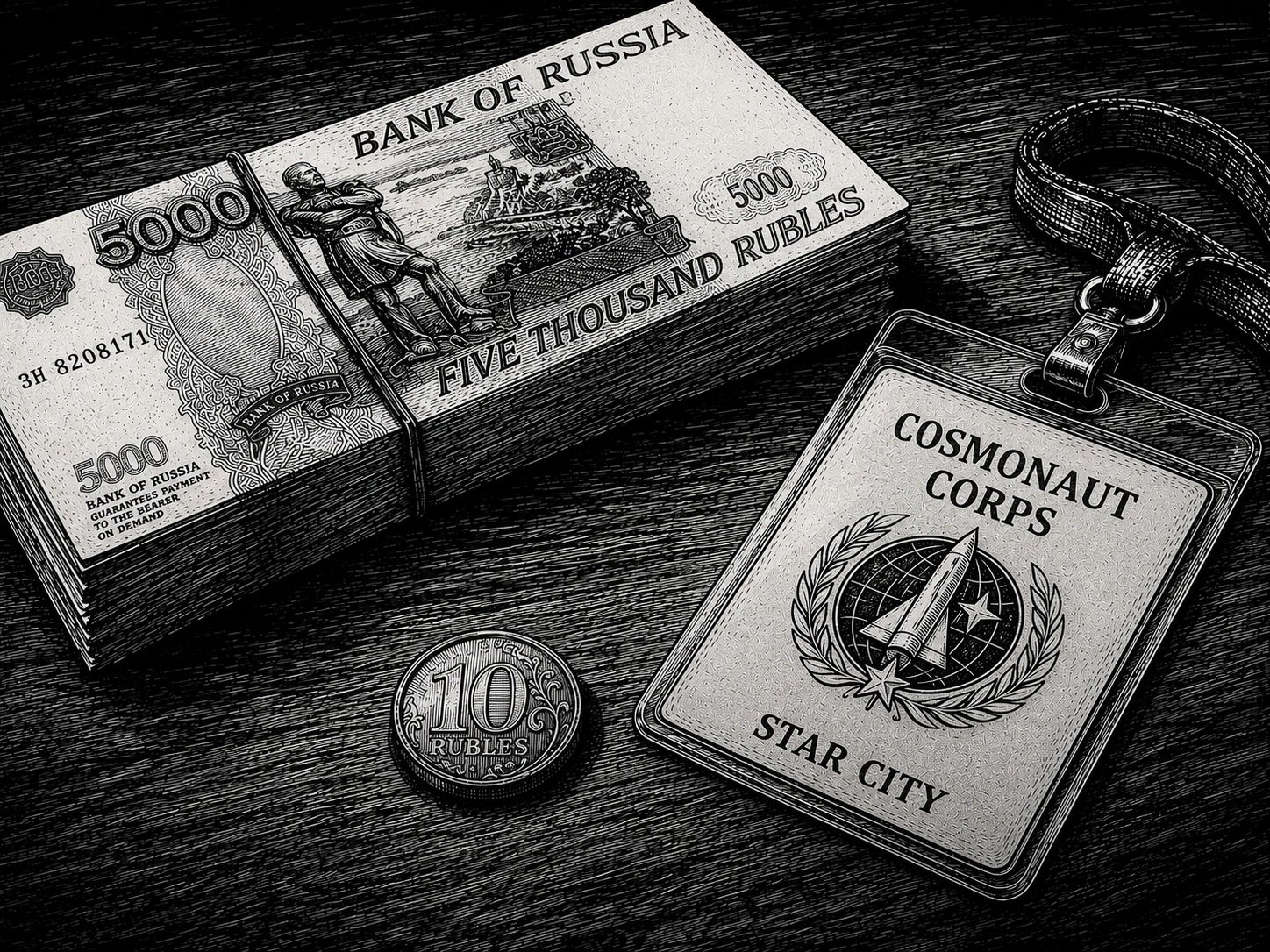 a pack of money, a coin, and a laminated badge