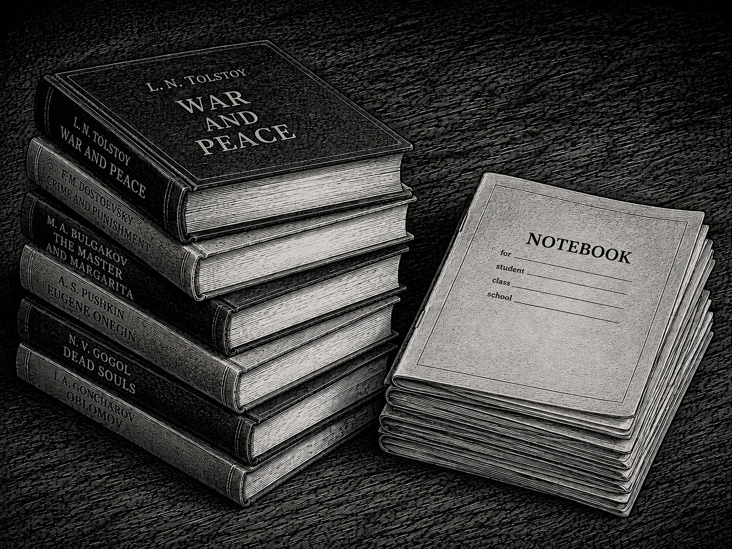 A stack of books and a stack of school notebooks