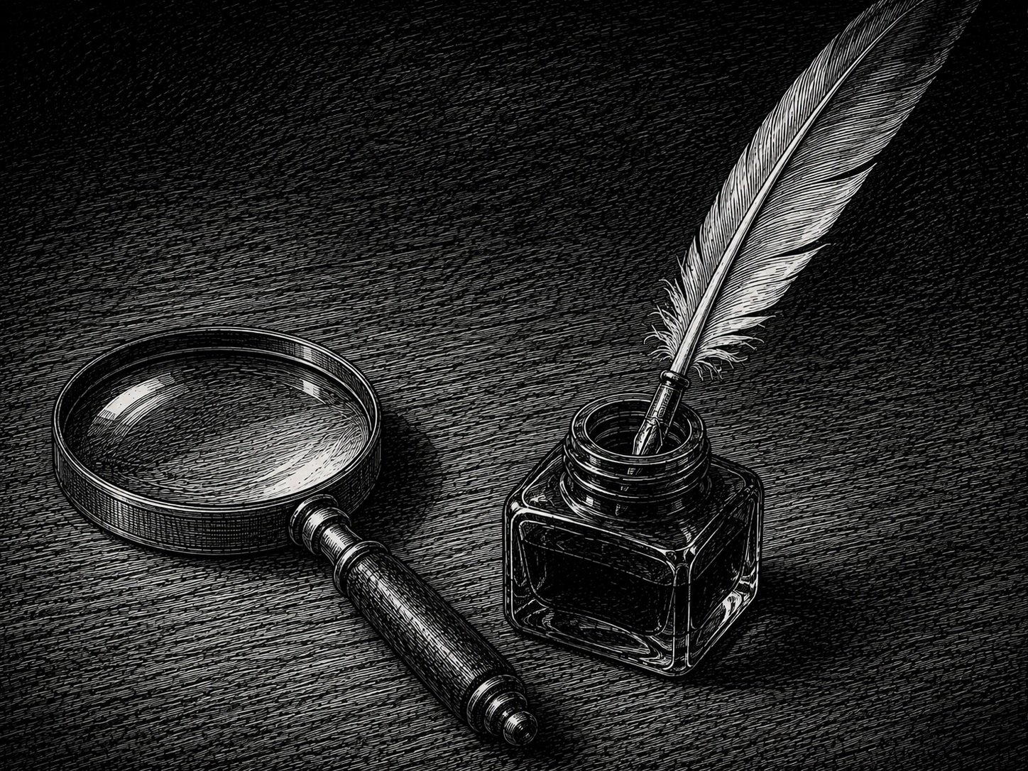 magnifying glass and writing quill