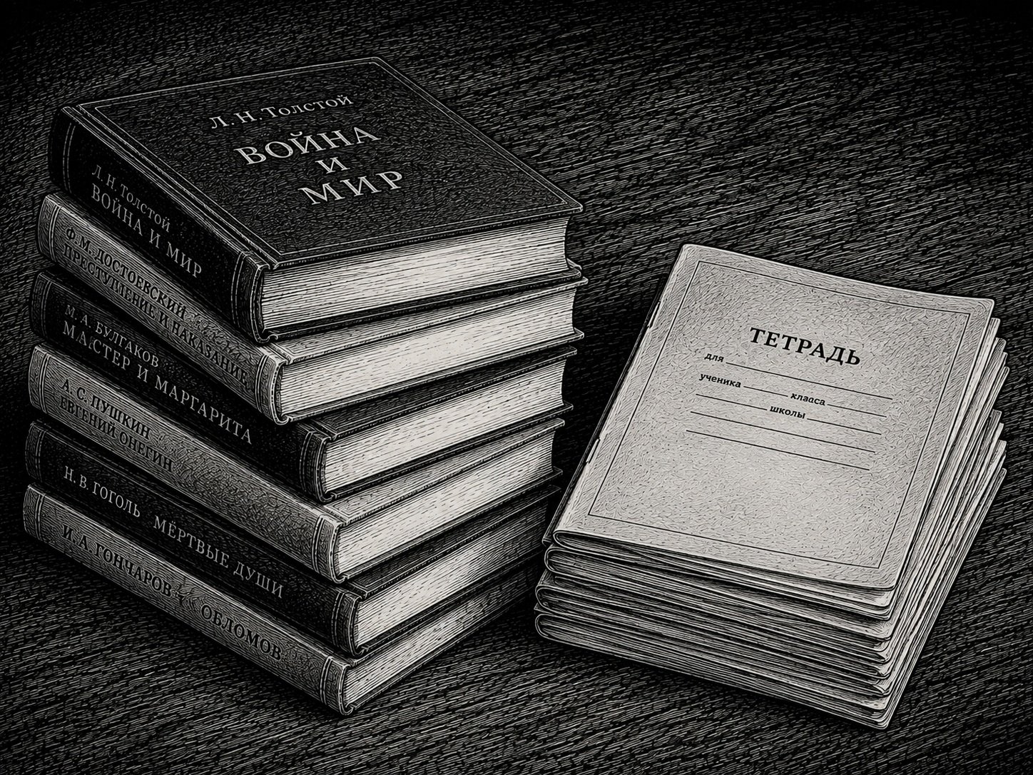 На столе лежат стопка книг и стопка школьных тетрадей.